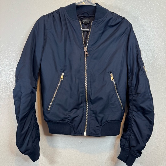 Topshop Navy Puffer Bomber Zip Up Jacket Size 4 - Picture 1 of 8